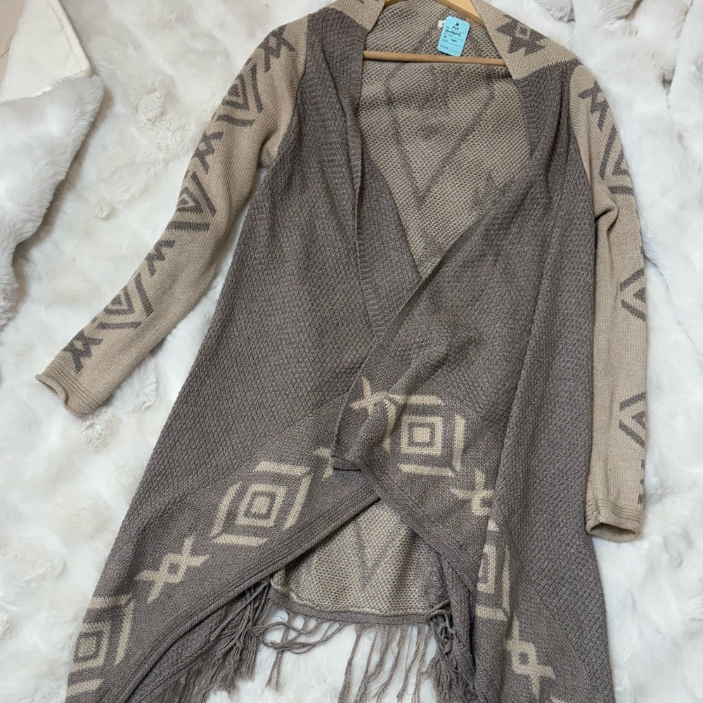 Taupe and beige long Fringe Sweater- size Med.